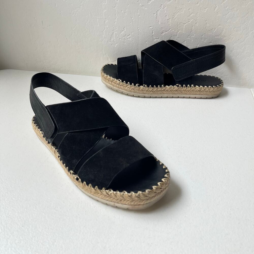 Vince Tenison Leather Espadrille Sandals Size 8.5 Black Resortwear Minimalist